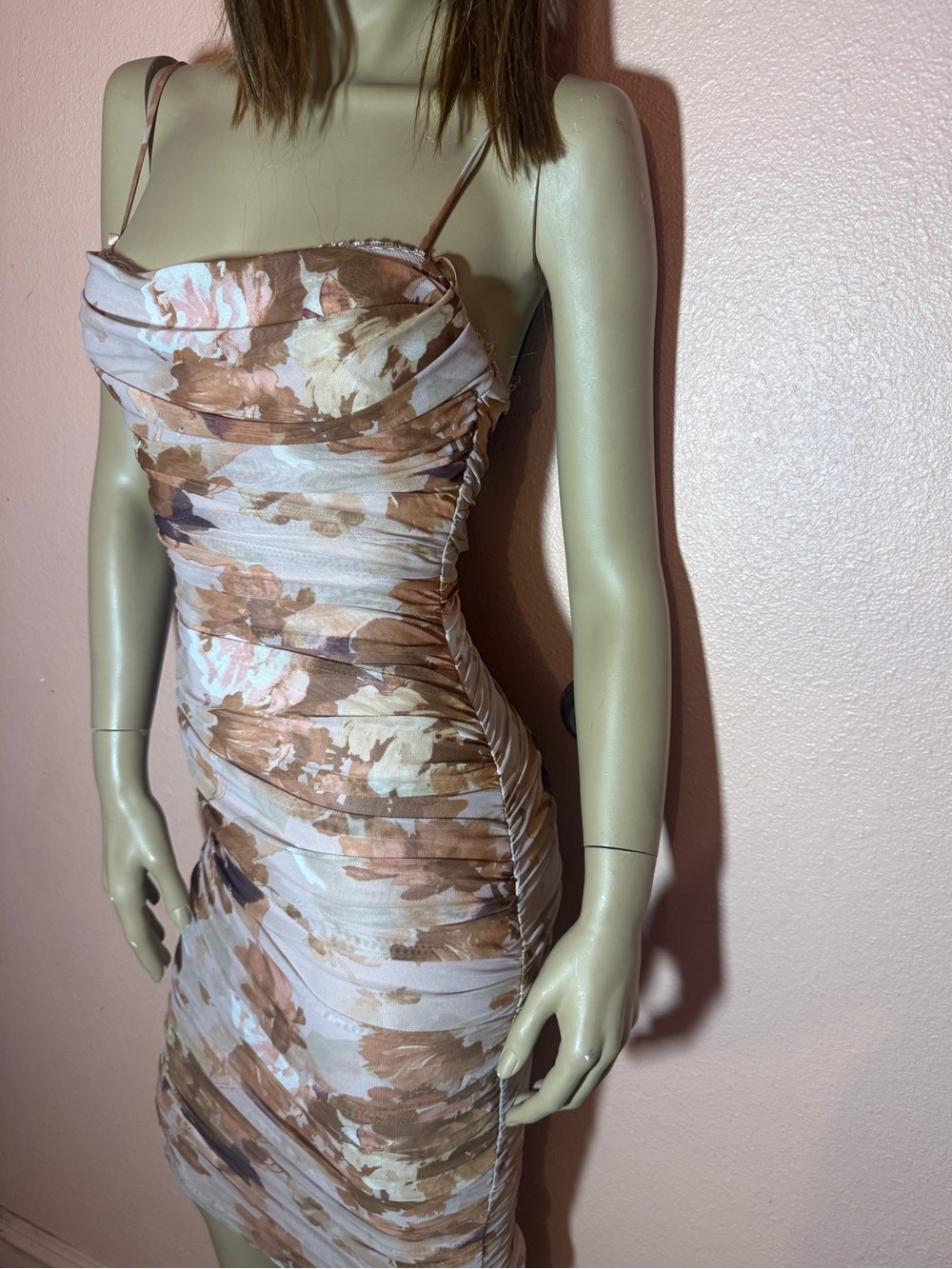 Windsor Taupe Floral Ruched Mesh Bodycon Mini Dress NWT Size S